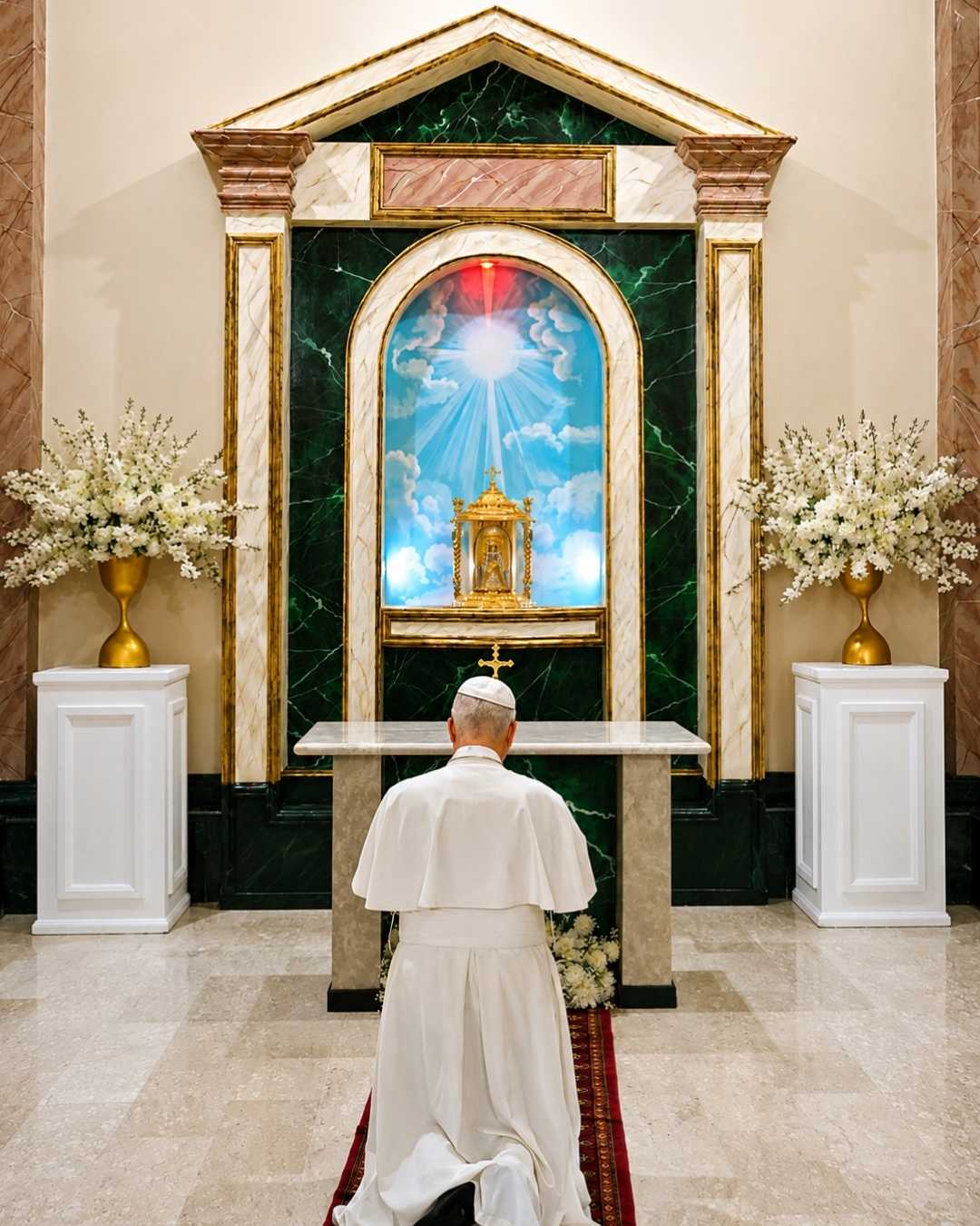 León XIV en oración ante el sagrario en la Catedral de Bata, 22 de abril de 2026