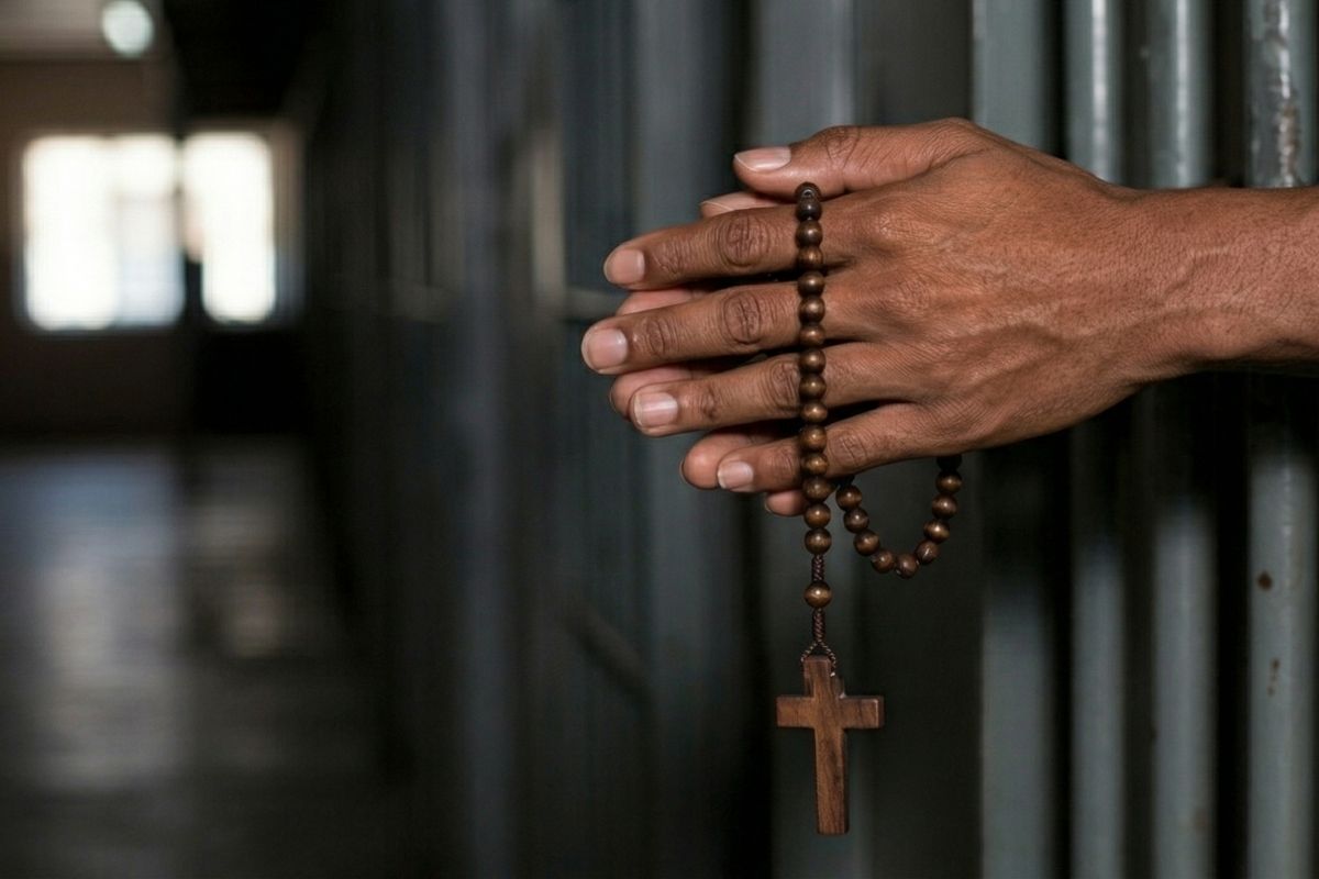 Manos sosteniendo un rosario a través de las rejas de una prisión, símbolo de fe y esperanza